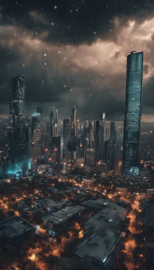 Uma paisagem urbana futurista brilhando com tons metálicos escuros sob um céu tempestuoso