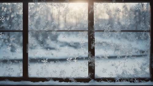 一片白雪皑皑的冬日场景，窗玻璃上的霜冻上刻着淡淡的动漫语录，仿佛被风吹拂。