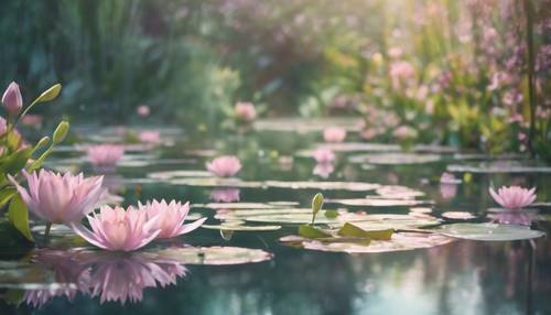 Abstract artwork utilizing pastel tones to give a Monet-like impression of a lily pond. Tapet [02a93a9ef96649538856]