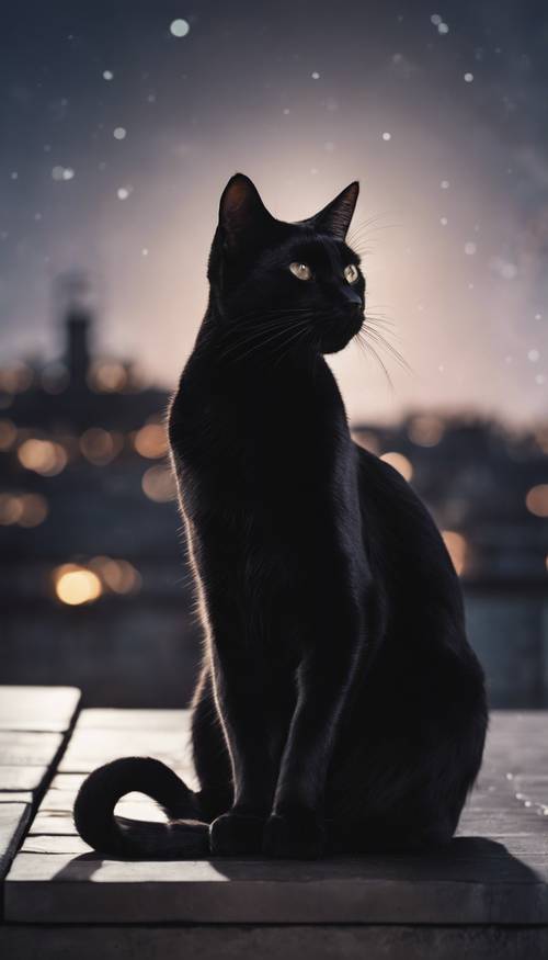 Seekor kucing hitam ramping berjemur di bawah sinar bulan di atap.