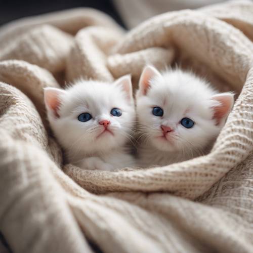 مجموعة من القطط البيضاء، تتدحرج فوق بعضها البعض بشكل مرح وسط بطانية دافئة ومريحة.