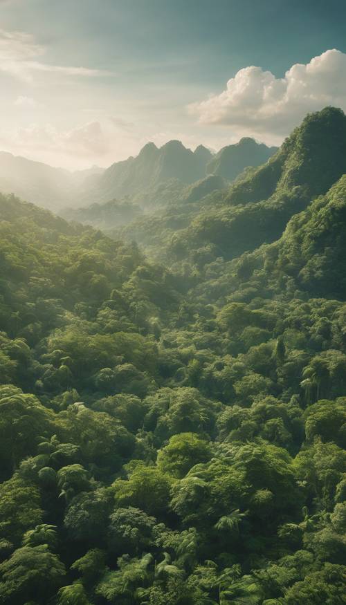 A wide aerial view of a sprawling, dense, and untamed green jungle. Tapet [d3072b692fa148648119]