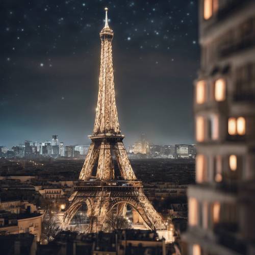 Eiffelturm-Projektion vor dem Hintergrund von Stadtgebäuden.