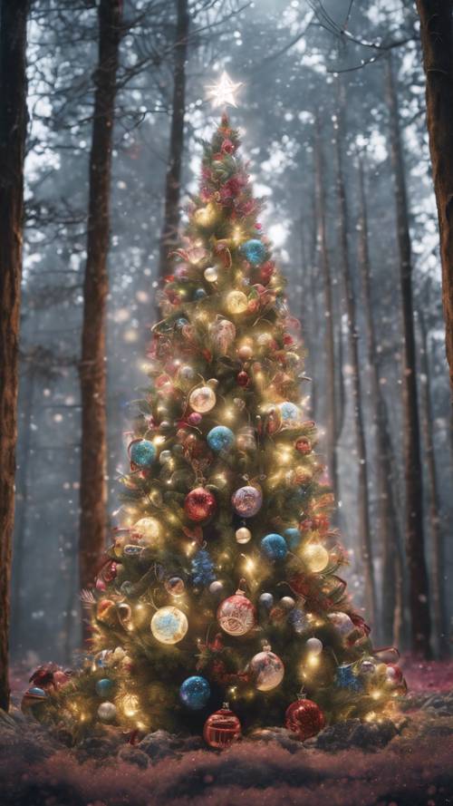 Eine Anime-Szene mit einer Reihe einzigartig dekorierter Weihnachtsbäume in einem magischen Wald.