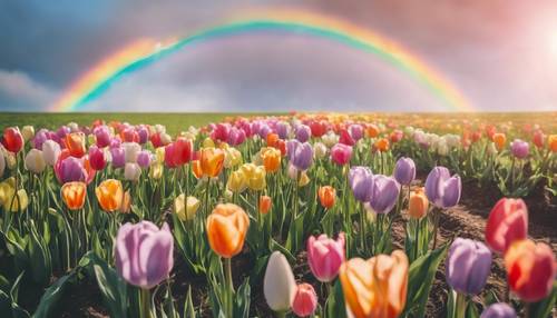 Пастельная радуга над весенним лугом, усеянным разноцветными тюльпанами.