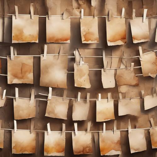 Feuilles de papier brun suspendues sur une ligne, tachées de touches d&#39;aquarelle vibrantes.