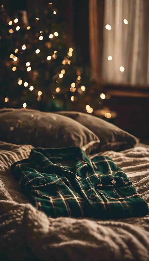 Um pijama de flanela xadrez verde escuro preparado para uma noite aconchegante de inverno.
