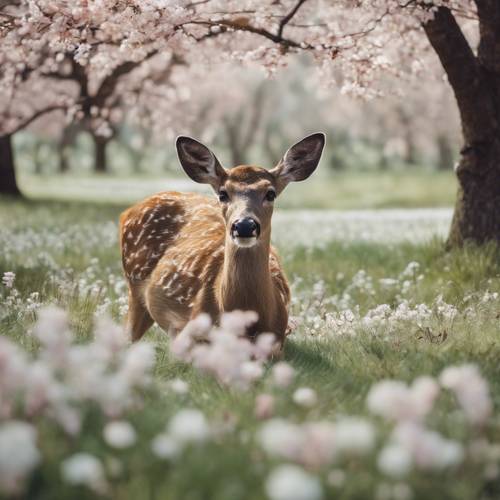 Um cervo pastando nas primeiras flores da primavera, capturado em um retrato da natureza sereno e minimalista.