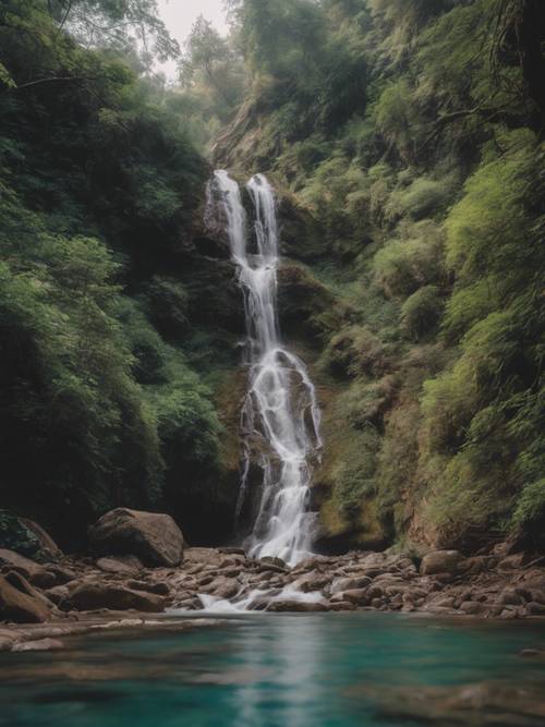 Kutipan estetika terlihat seperti jejak air terjun yang mengalir menuruni lereng gunung.