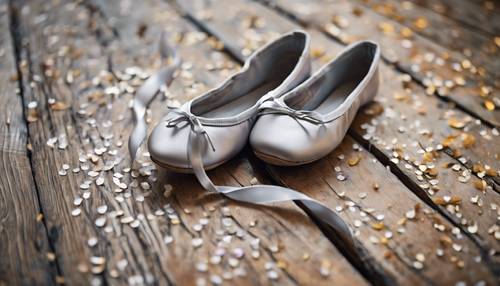 一雙淺灰色的芭蕾舞鞋，優雅地擺放在木桌上。