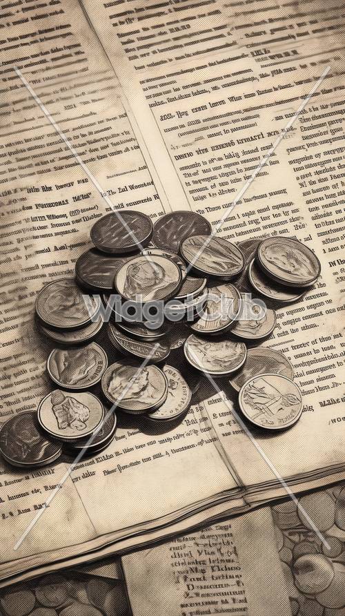 Pila de monedas en periódico vintage