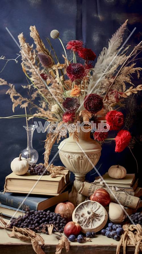 Elegancka jesienna martwa natura z kwiatami i książkami