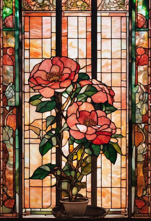 A camellia-themed stained glass window bathing the room in warm, glowing colors.