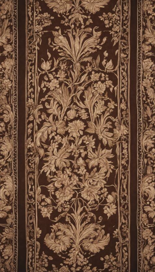 A Victorian-style tapestry depicting intricate brown floral motifs.