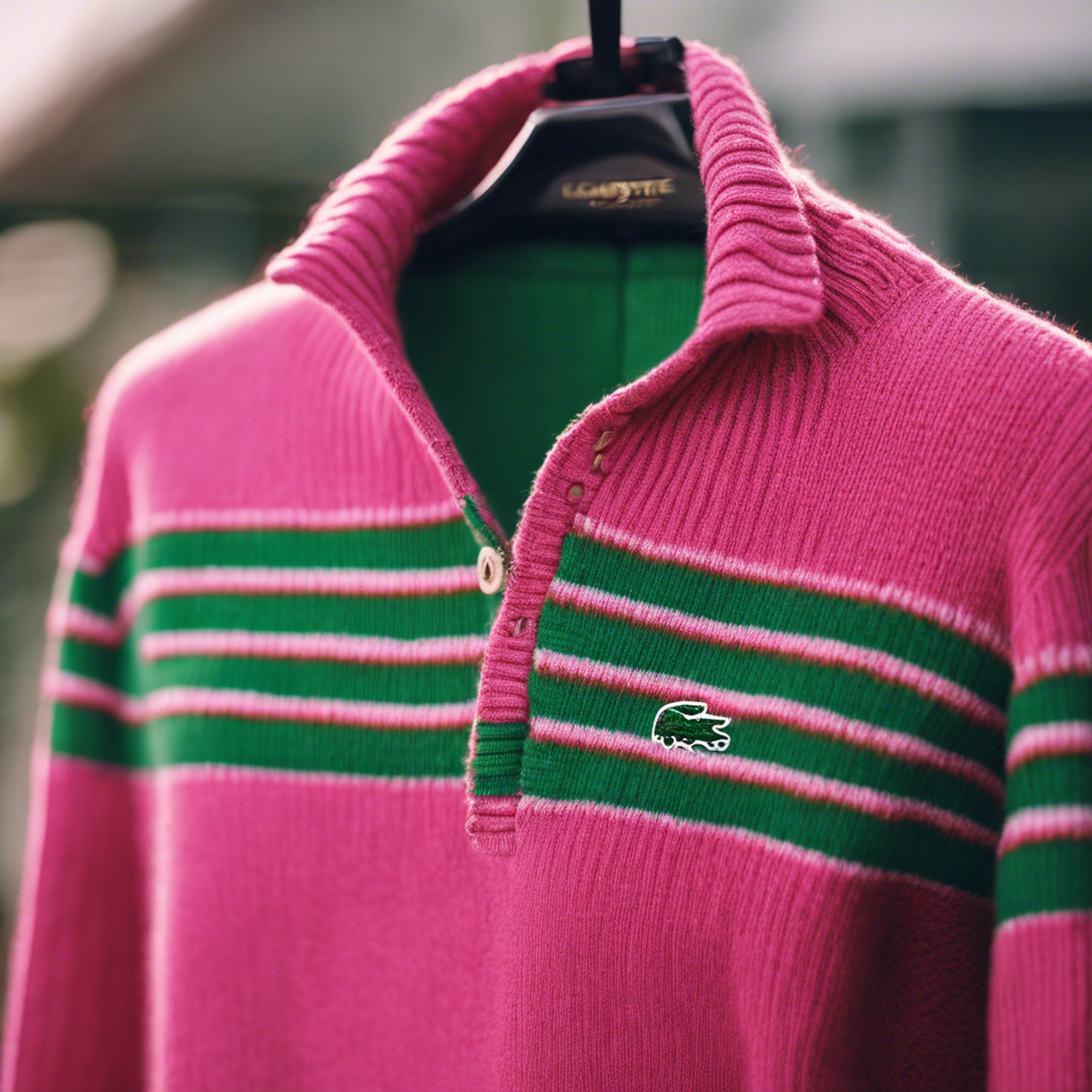 A preppy Lacoste sweater in bright pink and green stripes. ផ្ទាំង​រូបភាព[46dc671cf42d4e658ddb]
