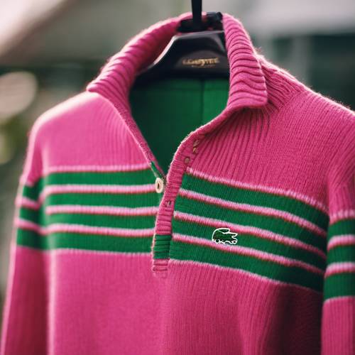 Un maglione Lacoste preppy a righe rosa e verdi brillanti.