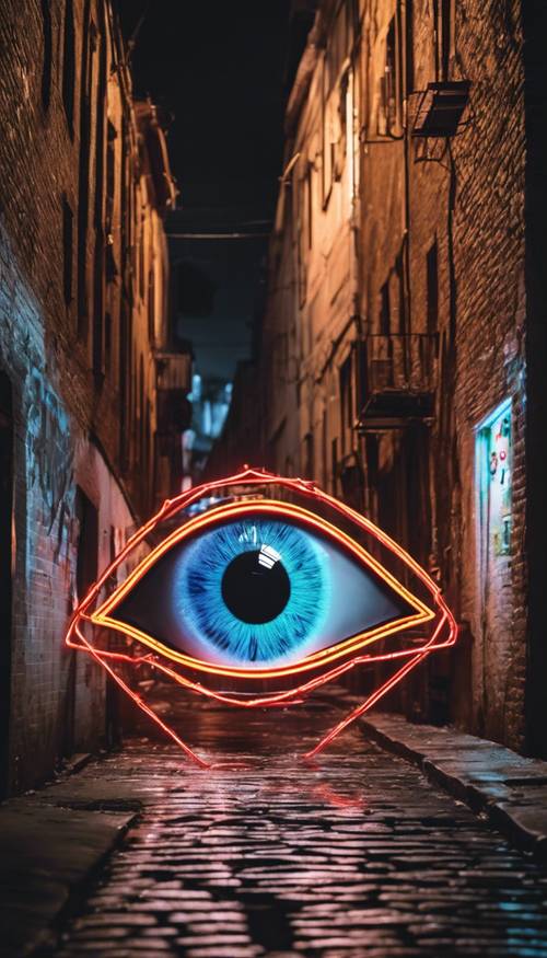 A neon evil eye street art glowing brightly against the night sky in a narrow, moody alleyway.