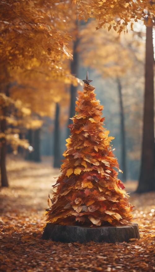 Büyülü bir ormanda düşen sonbahar yapraklarından yapılmış, neşeli bir Noel ağacı.