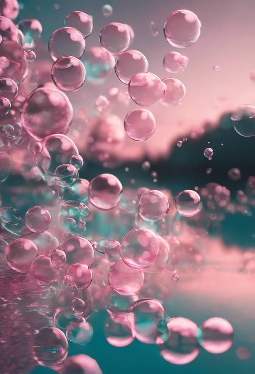 A surreal scene of pink bubbles floating over a calm turquoise lake at twilight.