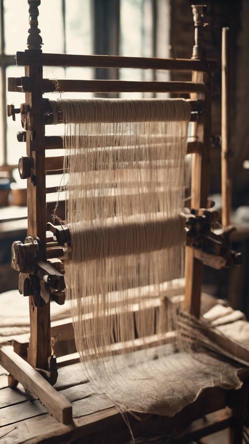 Un telaio rustico in legno con fili di lino naturale nel laboratorio di un artigiano.