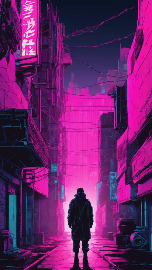 一個孤獨的身影出現在賽博龐克小巷中，被粉紅色和藍色的霓虹燈照亮。