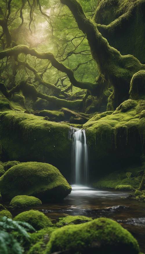 Eine ruhige Waldszene mit einem ruhigen Wasserfall, der über moosbedeckte Felsen unter dem Blätterdach üppiger grüner Bäume fließt