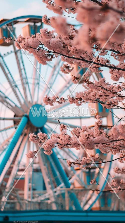 Flores de cerezo y noria en colores primaverales