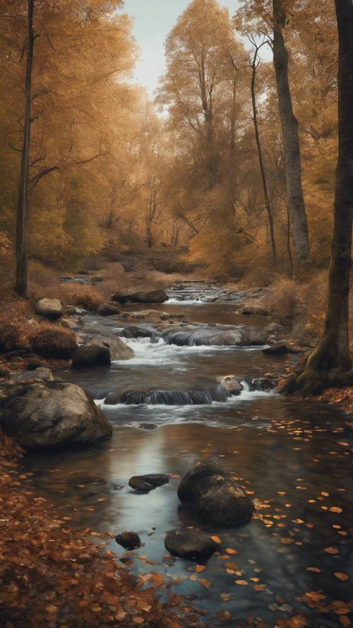 Um rio tranquilo que flui através de uma floresta outonal com folhas caindo suavemente na superfície da água.