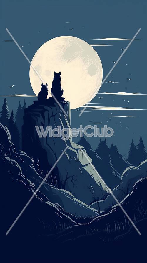 Moonlit Sky and Two Cats on a Cliff Tapet [616103375fe9484bb582]