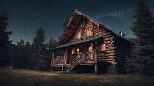 A rustic wooden cabin nestled among pine trees under a dark starry night sky.