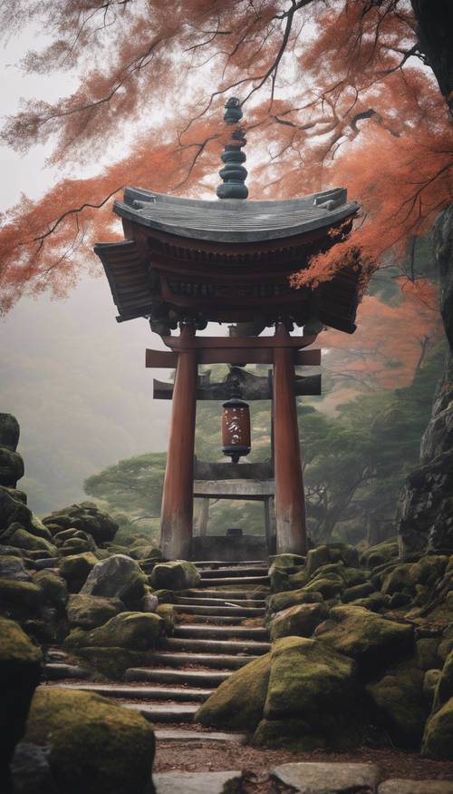 Um antigo santuário xintoísta situado no alto de uma montanha japonesa acidentada e enevoada.