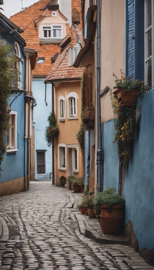 Una calle pintoresca en una ciudad europea con adoquines marrones y casas en tonos azules.