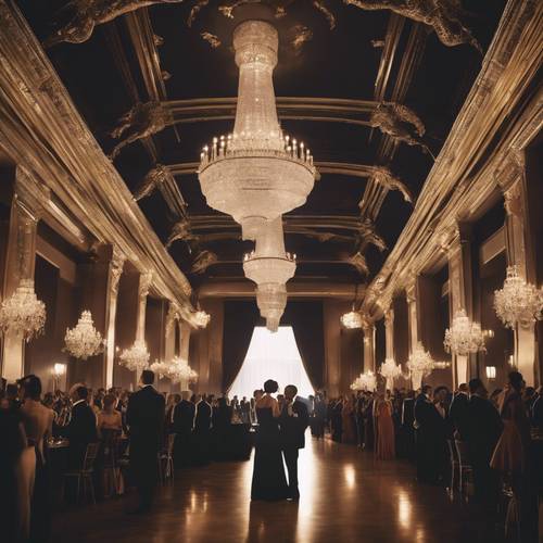 Gala formel en cravate noire dans une grande salle avec des lustres en cristal et des invités élégamment habillés.