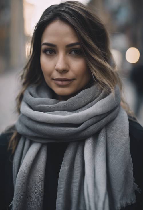 A stylish woman wearing a gray ombre scarf, dark at one end and becoming significantly lighter at the other. Tapeta [6656d34754af44128849]