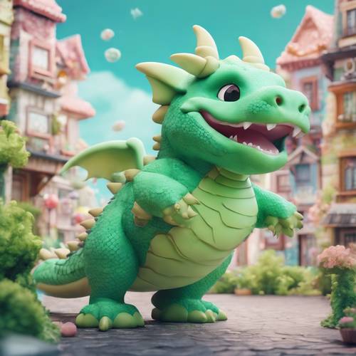 Un simpático dragón regordete con escamas de color verde pastel volando sobre un pueblo de estilo kawaii.