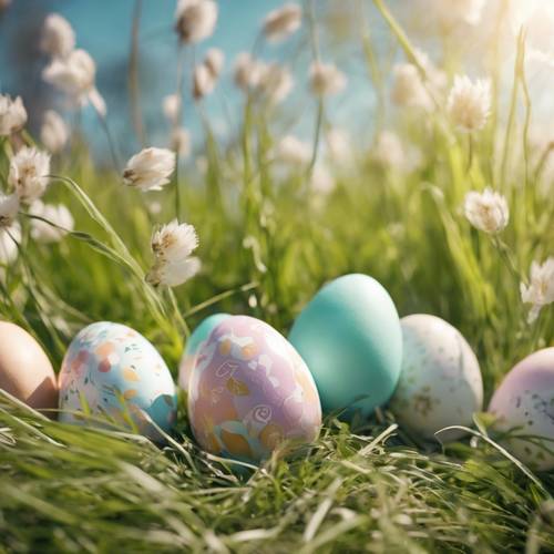 Several pastel Easter eggs hidden in the long grass, with soft sunlight illuminating the spring scene.