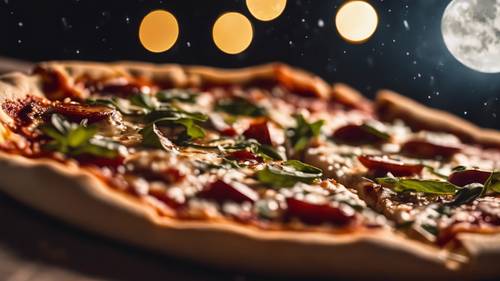 Sepotong pizza yang diterangi cahaya bulan purnama secara romantis.