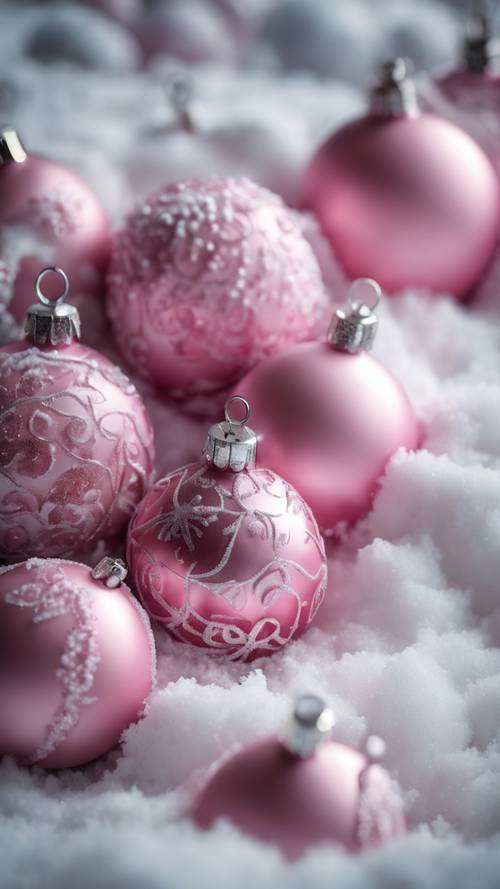 Uma natureza morta com enfeites de Natal rosa aninhados em um leito de neve.