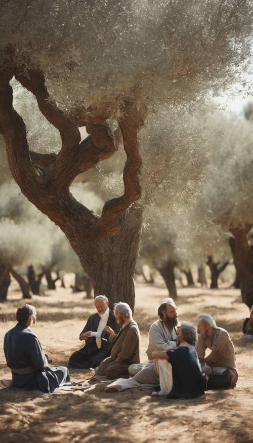 A symposium with Greek philosophers heatedly debating under the olive trees.