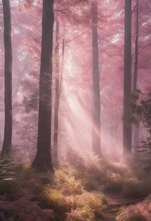 Hutan yang tertutup kabut pagi dan aura merah muda terang.