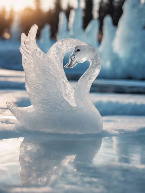 Una scultura di ghiaccio raffigurante un cigno con una citazione motivazionale incisa nella sua forma maestosa.