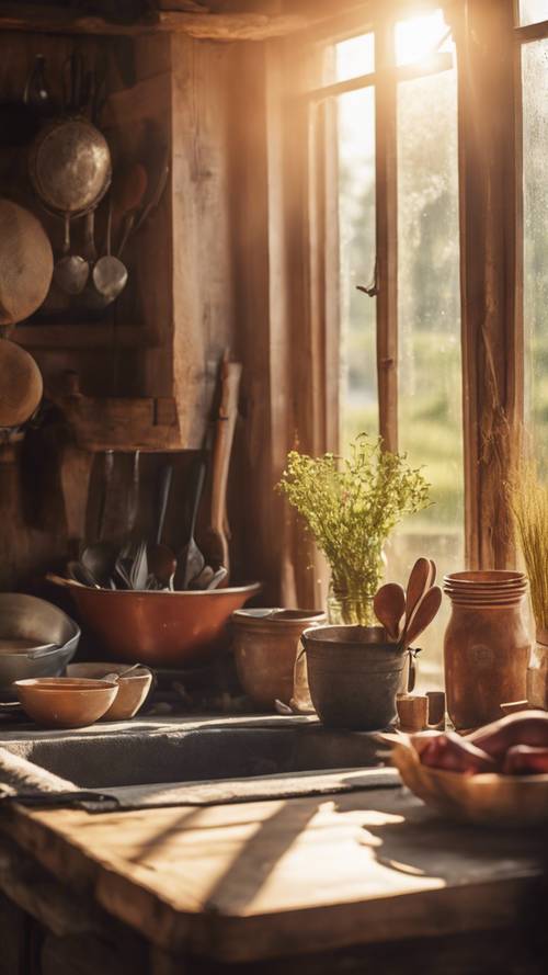 A rustic, countryside kitchen with old-fashioned utensils and warm sun rays filtering through a window.