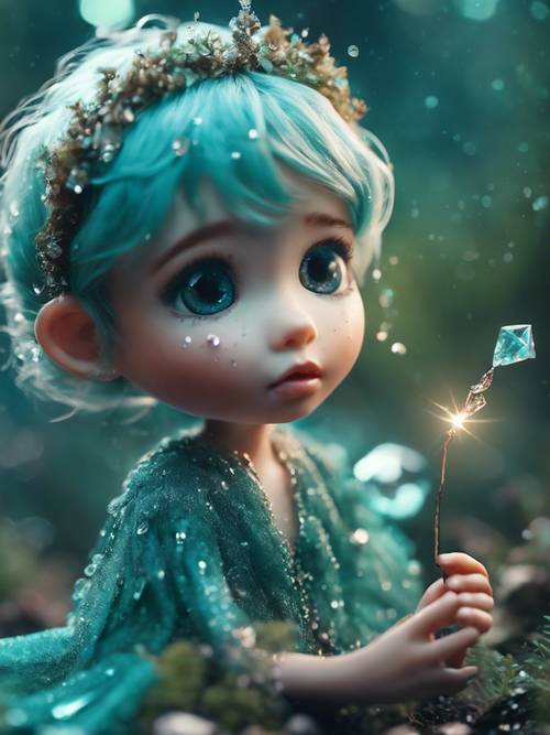 Một cảnh tượng đầy cảm xúc về một nàng tiên Kawaii nhỏ bé, màu xanh mòng két, đang khóc những giọt nước mắt kim cương trước cây đũa thần bị gãy trong một khu rừng đầy mê hoặc.