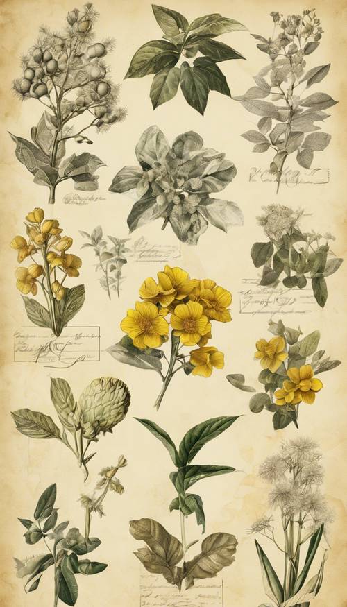 A collage of antique botanical illustrations, with a vintage, yellowish paper texture. Tapet [15eb2fbc63644fe08318]