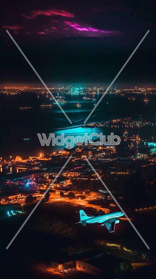 Luces nocturnas de la ciudad vistas desde un avión
