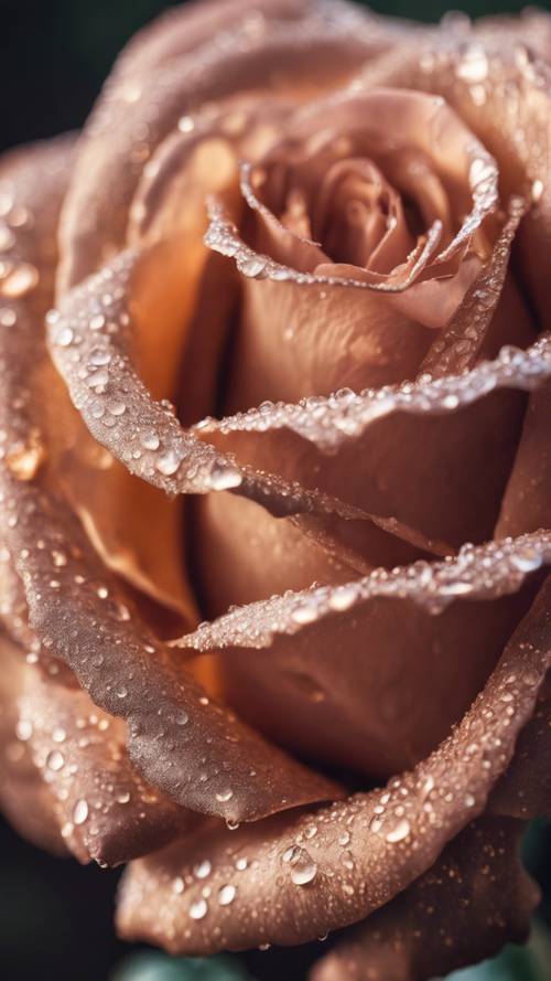 Close-up de uma rosa de ouro rosa com gotas de orvalho.