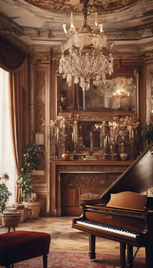 Um elegante piano de cauda marrom vintage em uma sala de música vitoriana elaboradamente projetada