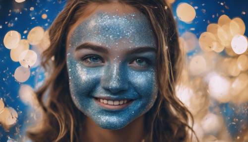 Un volto sorridente dipinto con tanti glitter blu.