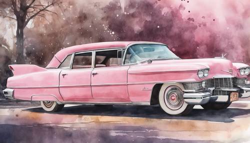 Watercolor illustration of a vintage pink Cadillac Tapet [f3c6f36e2f3942f58a41]