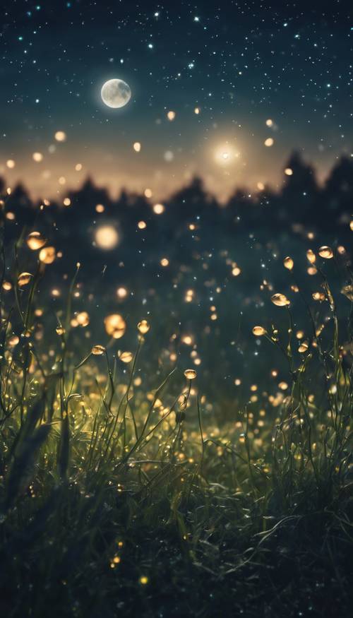 Eine mondhelle Nacht über einer taufeuchten Wiese, in der Tausende von Glühwürmchen eine märchenhafte Atmosphäre schaffen.